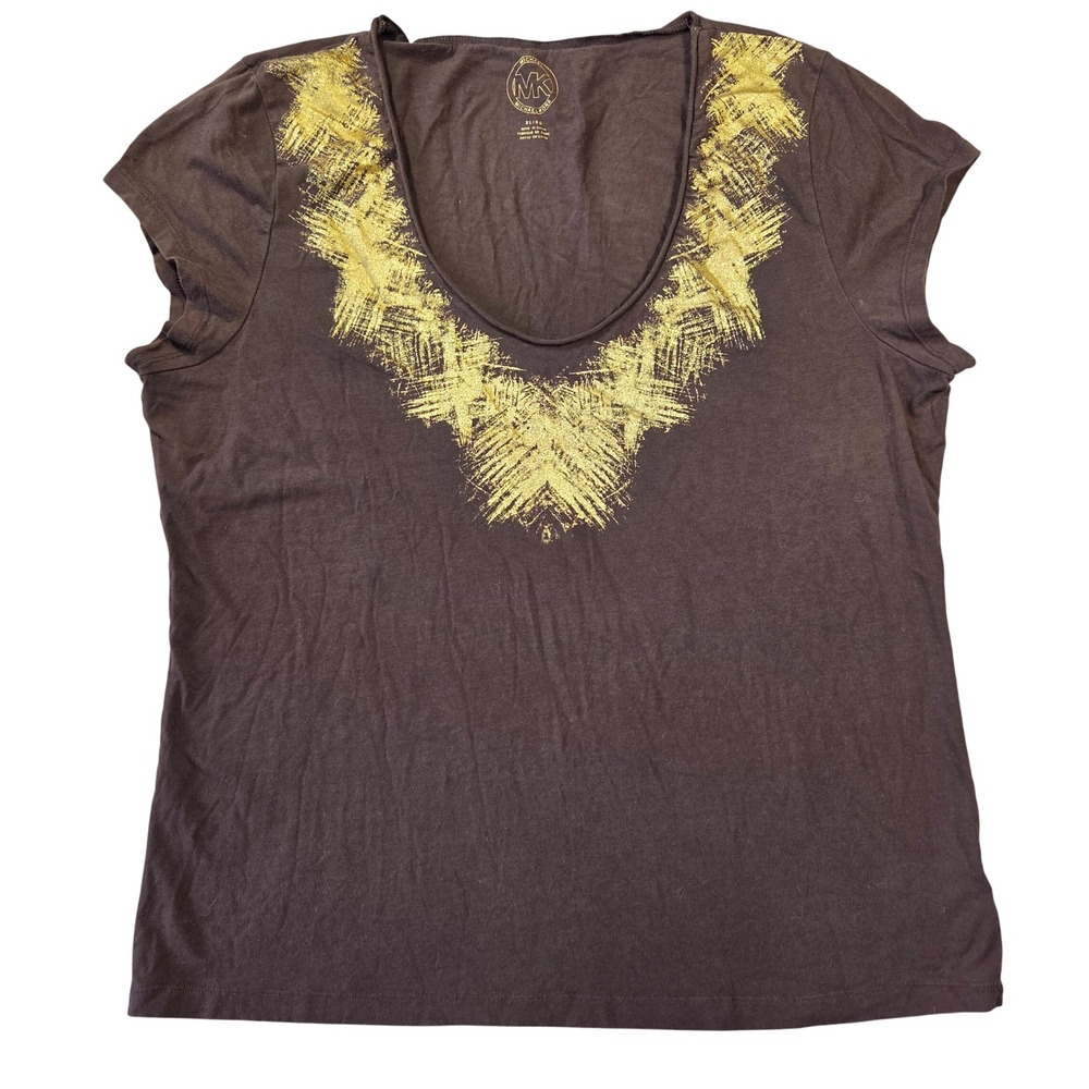 Michael‎ Kors Womens XL Brown Gold Metallic Foil Scoop Neck Short Sleeve Top Tee